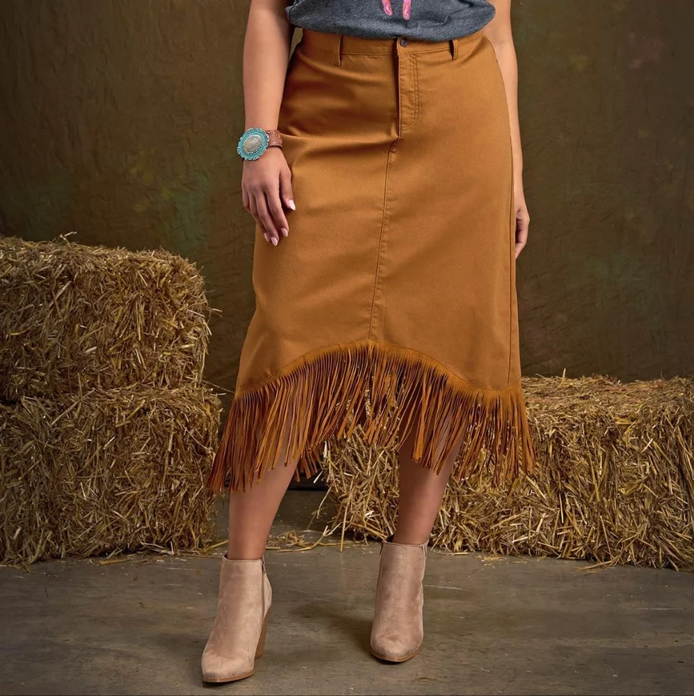 Fringe Hem Denim Midi Skirt Plus Size Tan Western Coastal Cowgirl NWT - Picture 7 of 11